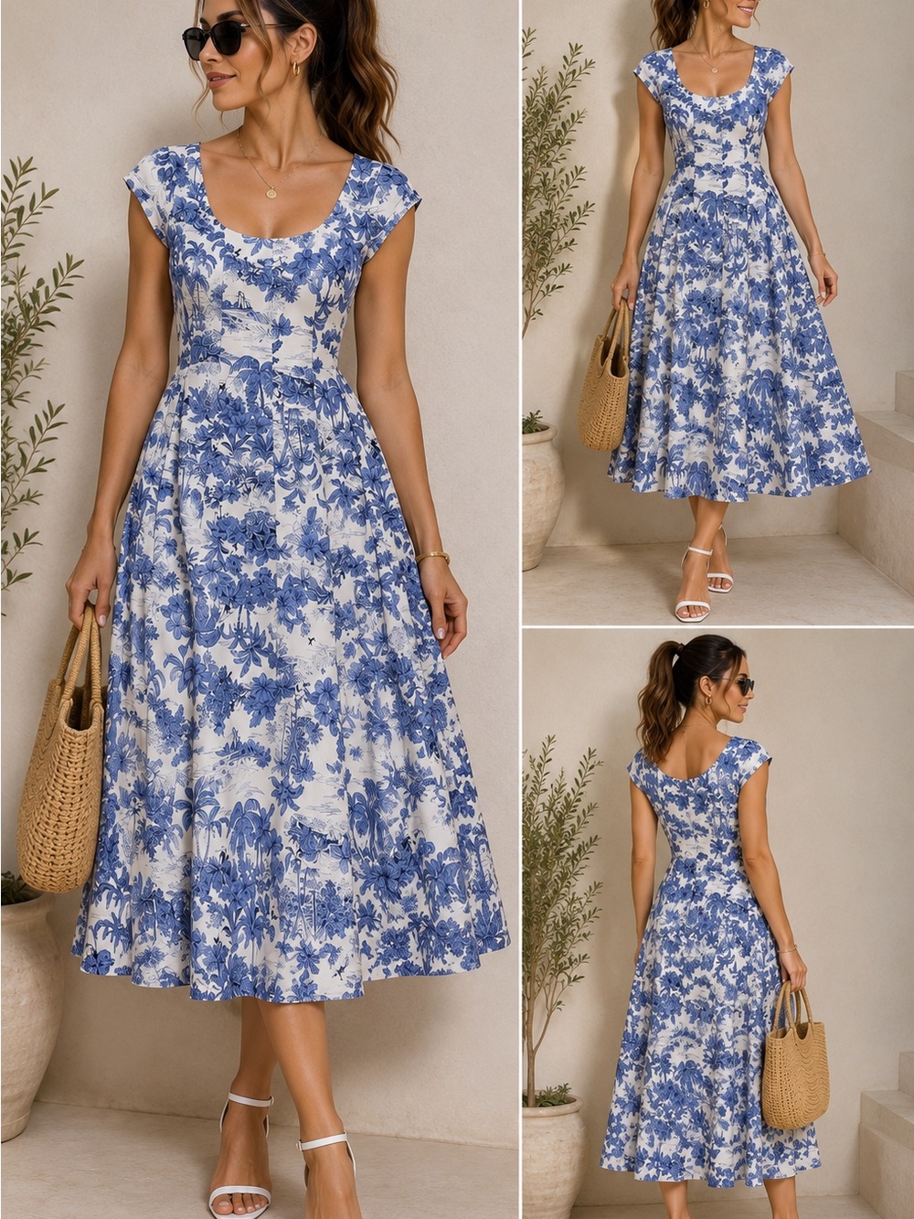 Joie Blue and White Floral Scoop-Neck Midi Dress